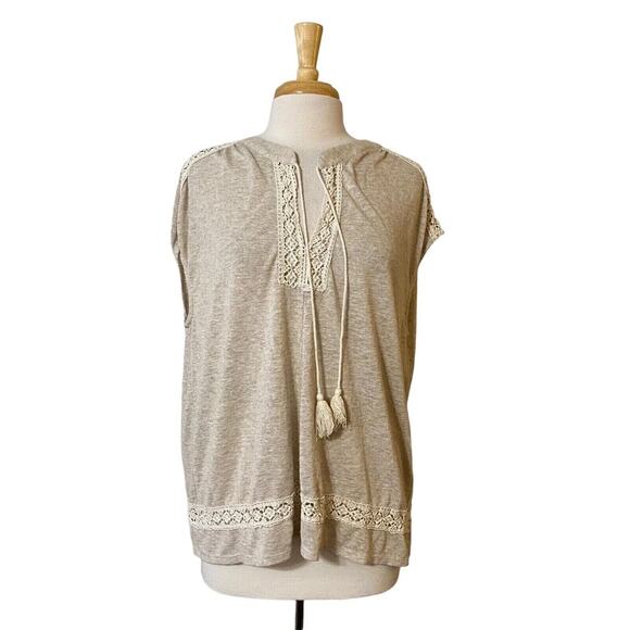 eri + ali Anthropologie Top Size Medium Women's Beige‎ Lace Boho Pullover Shirt - Picture 1 of 5